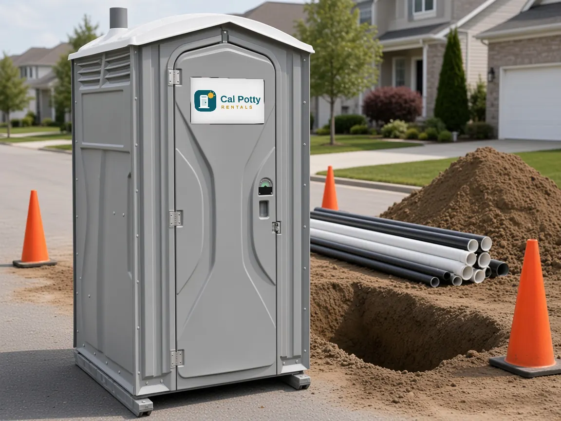 A grey porta potty beside a pipe trench, traffic cones and PVC pipes on a residential street